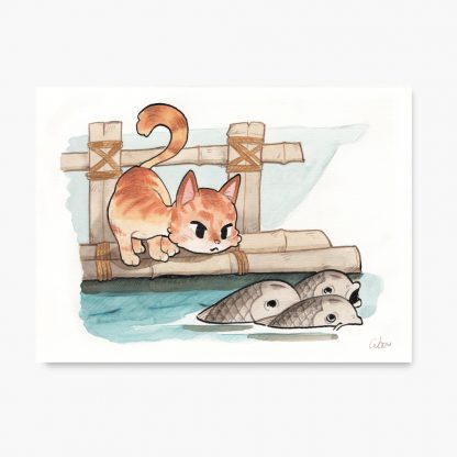 carte d'un chat roux regardant des carpes
