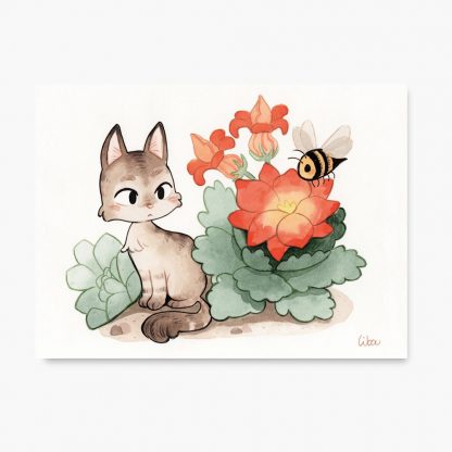 Carte d'un chat, de fleurs et abeille
