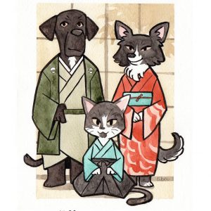 Portrait aquarelle d'animaux en kimono