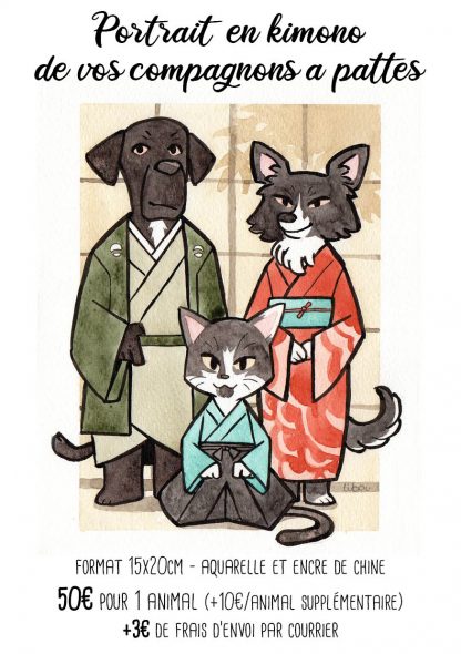 Portrait aquarelle d'animaux en kimono