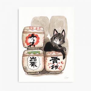 Aquarelle d'un chat noir et de tonneaux d'alcool japonais
